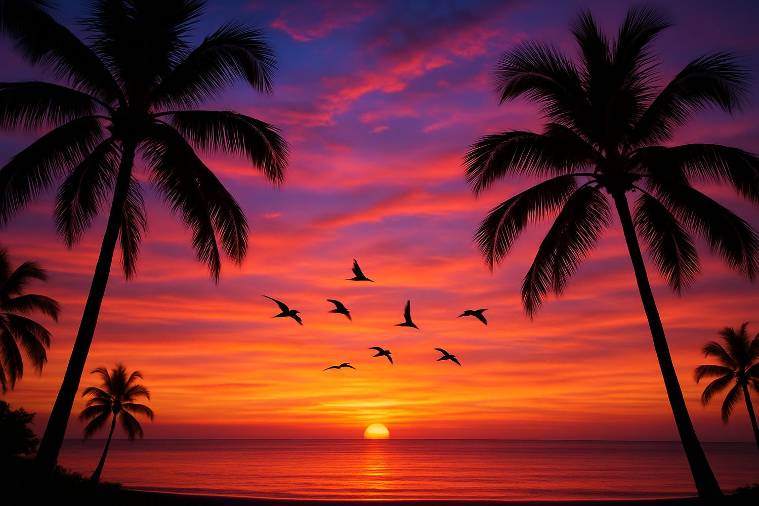 Paradise sunset scene with birds flying