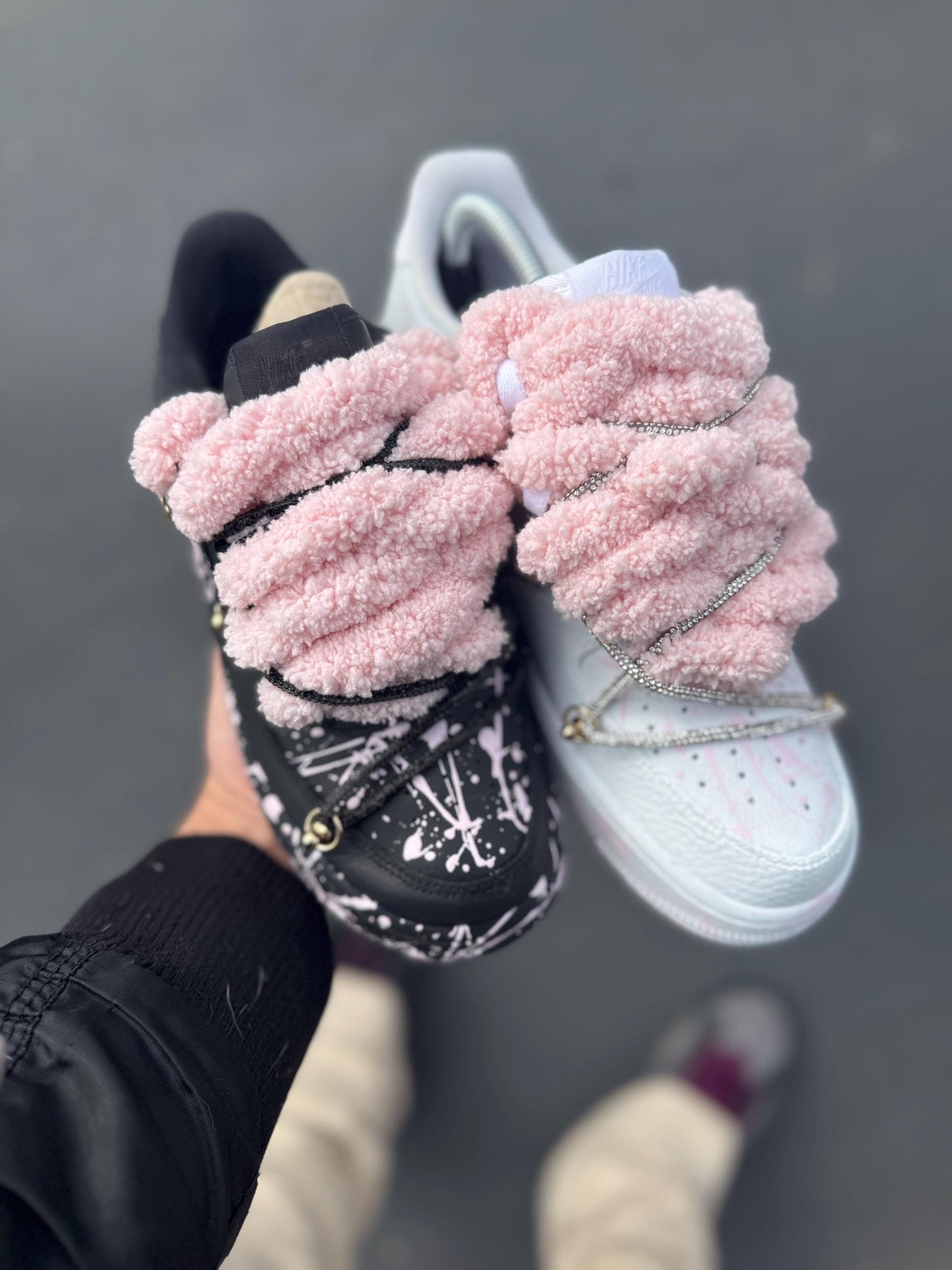 Custom Shoes White and Pink Splatter Sneakers With Plush Laces Hand Painted Streetwear Shoes