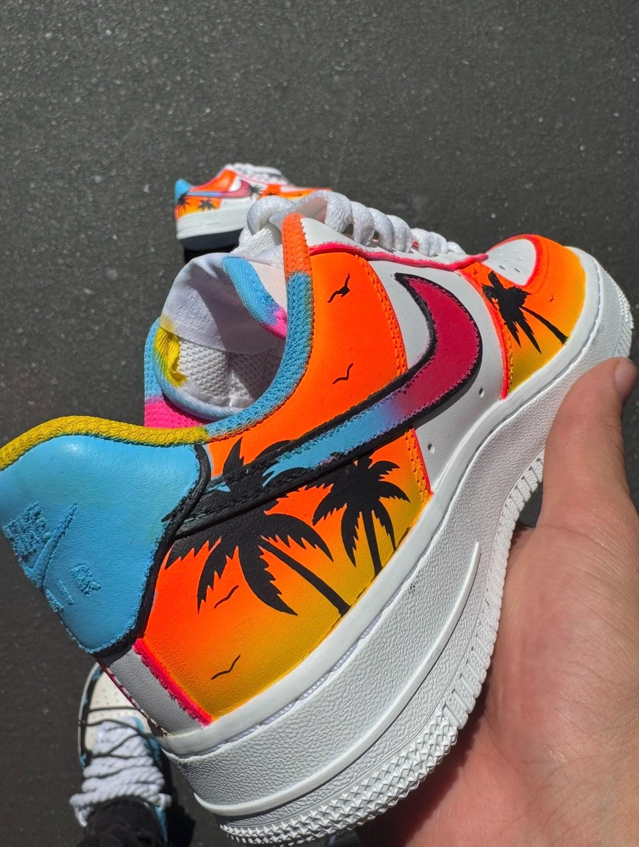 Hand-Painted Sunset Palm Tree Air Force 1s: Custom Beach Sneakers