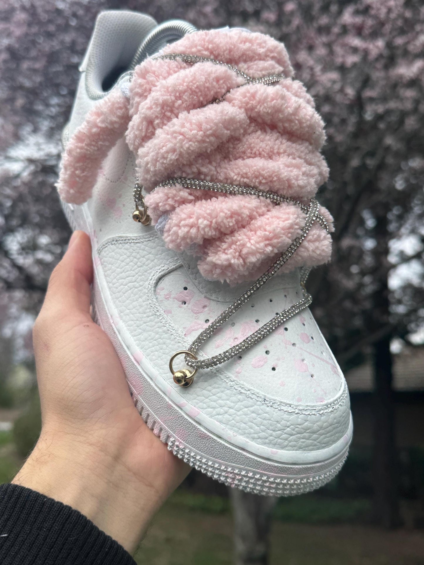 Custom Shoes White and Pink Splatter Sneakers With Plush Laces Hand Painted Streetwear Shoes