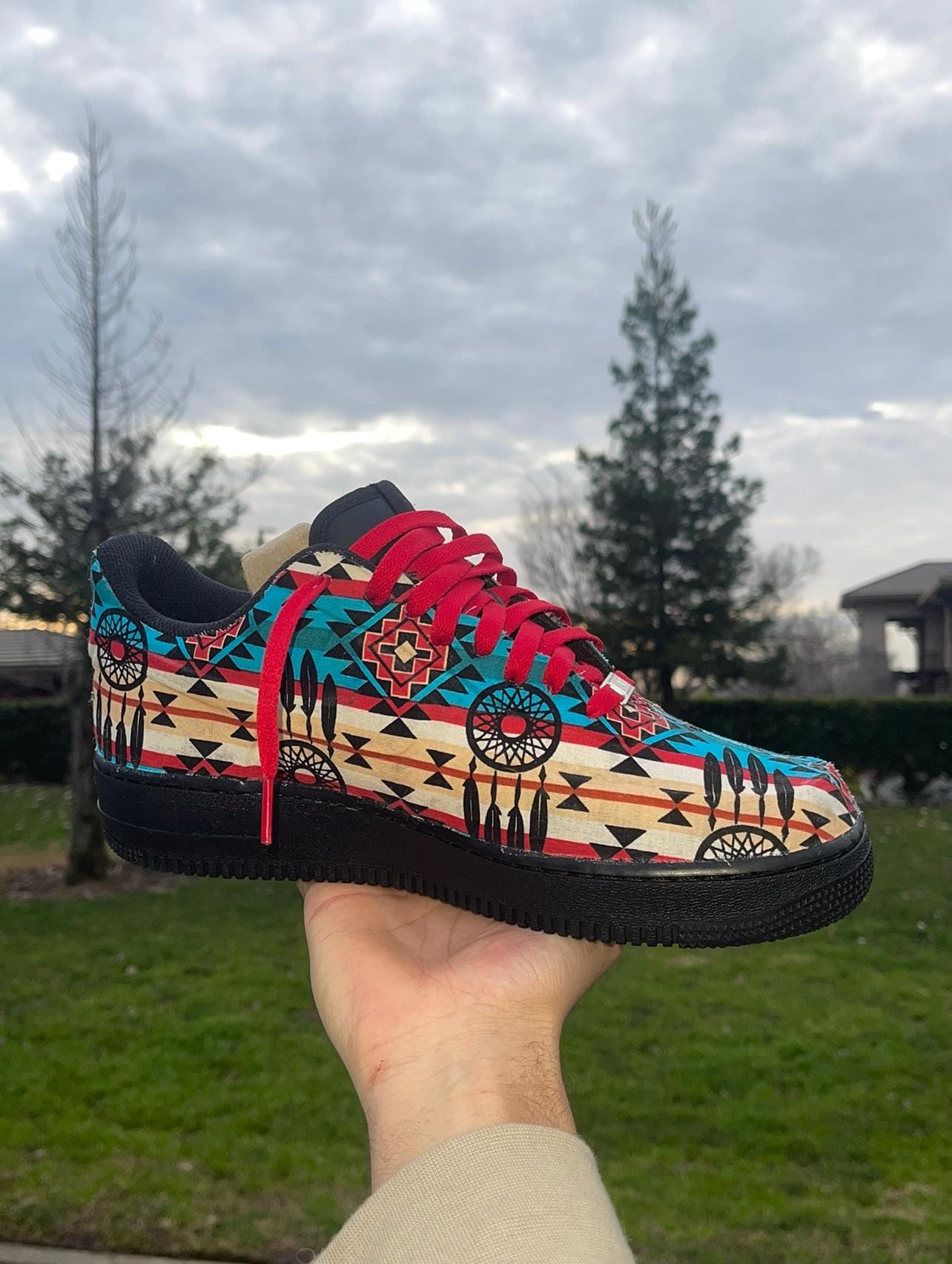 Hand-Painted Tribal Air Force 1 Sneakers: Indigenous Fabric, One-of-One