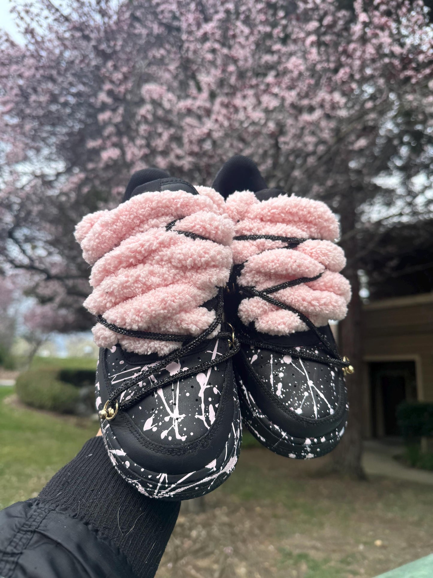Custom Shoes Black and Pink Splatter Sneakers With Plush Laces Hand Painted Streetwear Shoes