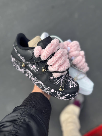 Custom Pink Splatter Sneakers: Hand-Painted Plush Lace Streetwear Shoes