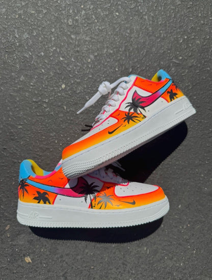 Hand-Painted Sunset Palm Tree Air Force 1s: Custom Beach Sneakers