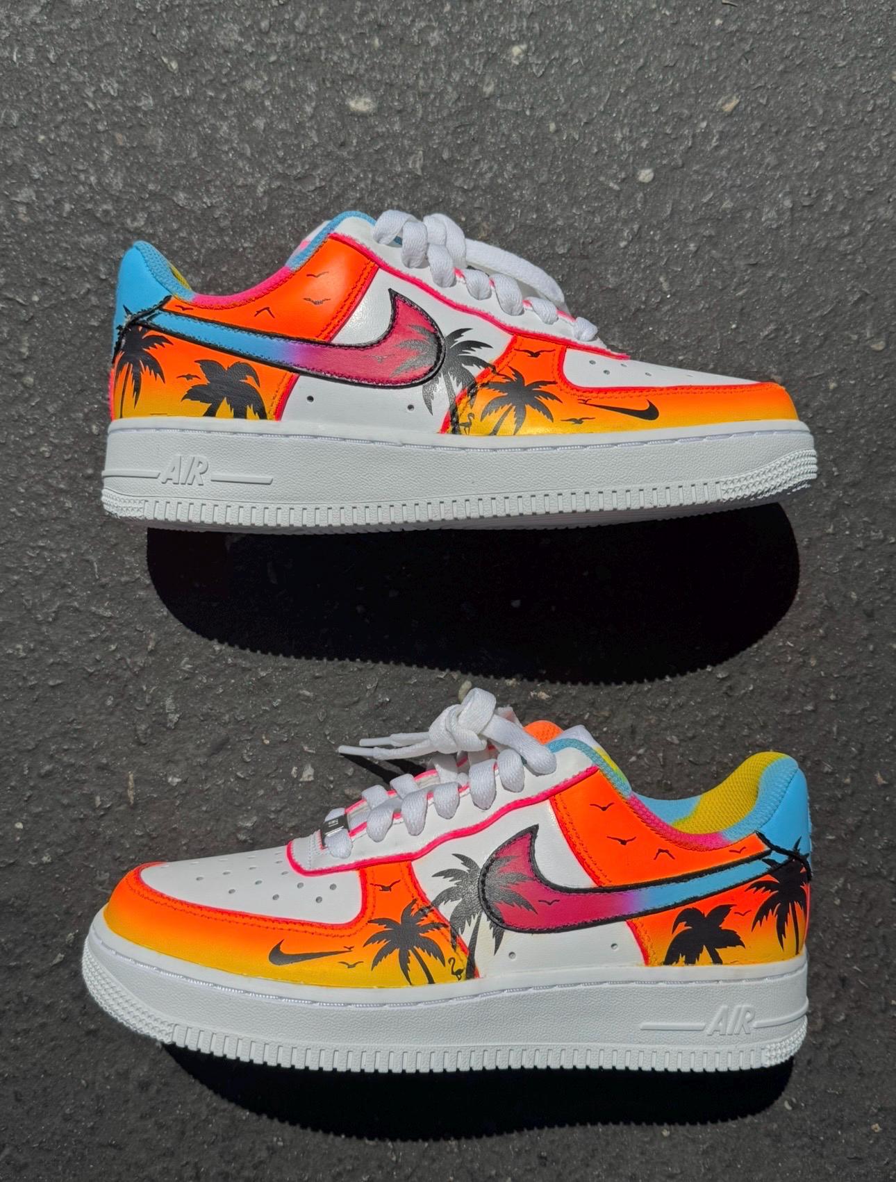 Hand-Painted Sunset Palm Tree Air Force 1s: Custom Beach Sneakers