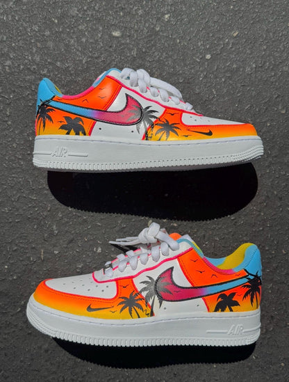 Hand-Painted Sunset Palm Tree Air Force 1s: Custom Beach Sneakers