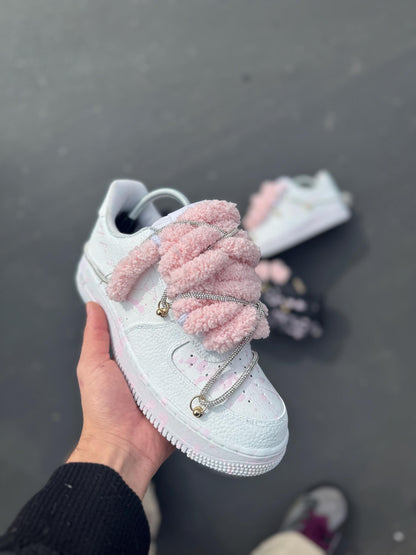 Custom Shoes White and Pink Splatter Sneakers With Plush Laces Hand Painted Streetwear Shoes