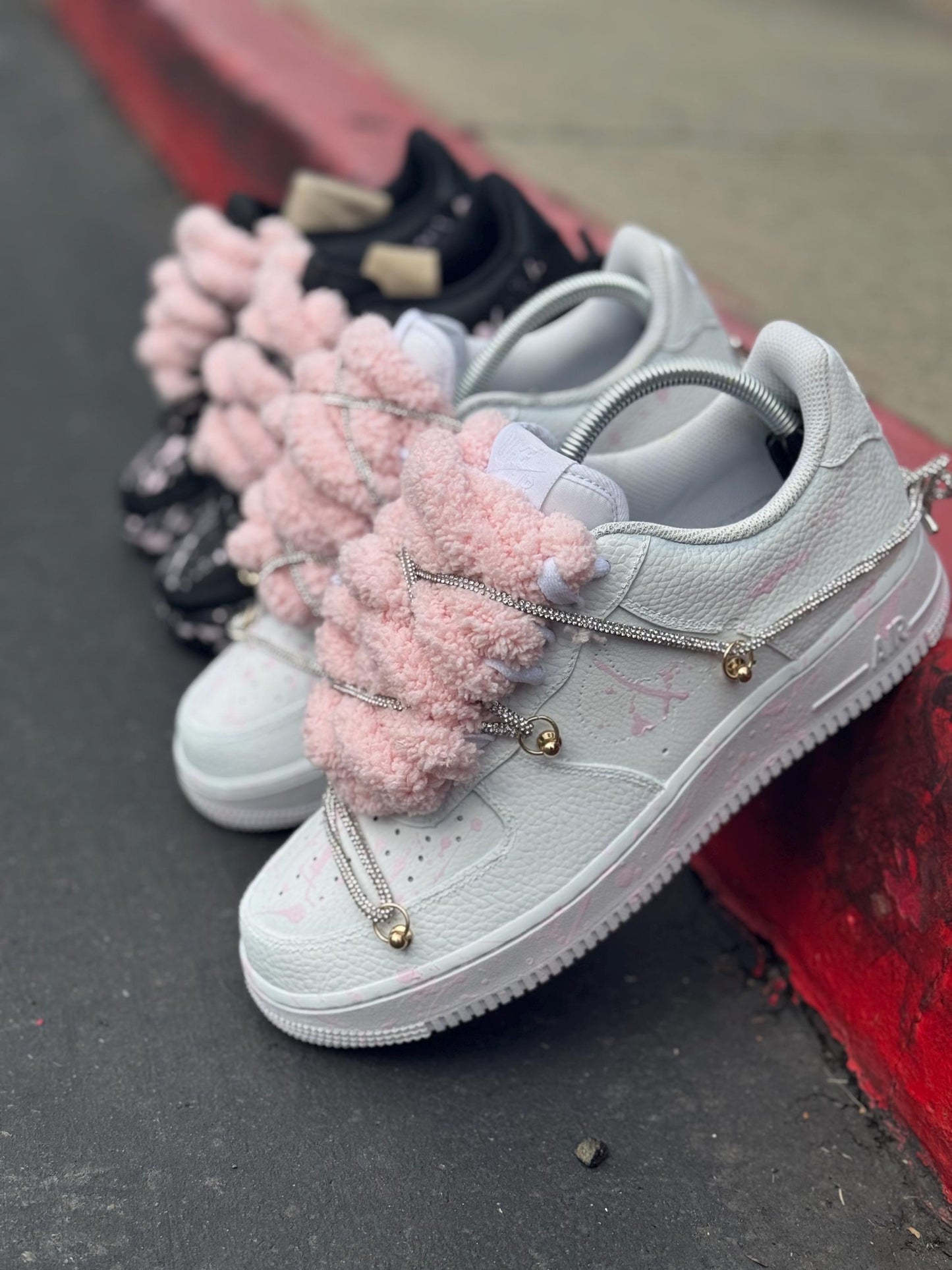Custom Pink Splatter Sneakers: Hand-Painted Plush Lace Streetwear Shoes