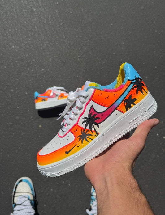 Hand-Painted Sunset Palm Tree Air Force 1s: Custom Beach Sneakers