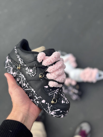 Custom Pink Splatter Sneakers: Hand-Painted Plush Lace Streetwear Shoes