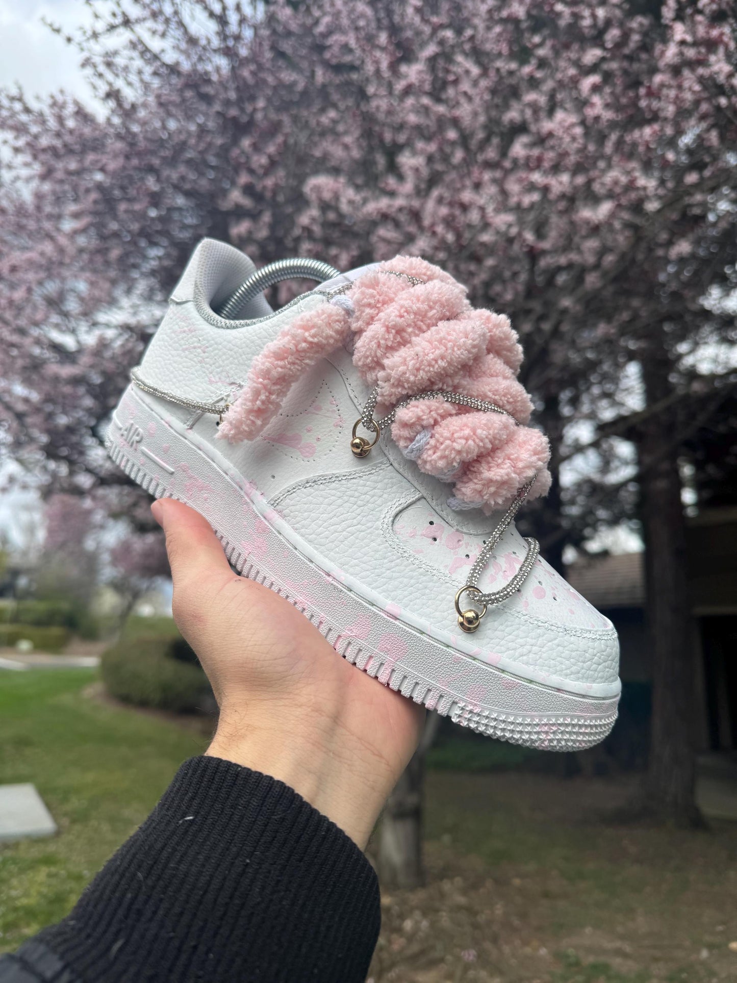 Custom Shoes White and Pink Splatter Sneakers With Plush Laces Hand Painted Streetwear Shoes