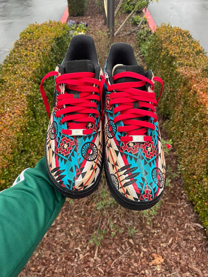 Hand-Painted Tribal Air Force 1 Sneakers: Indigenous Fabric, One-of-One