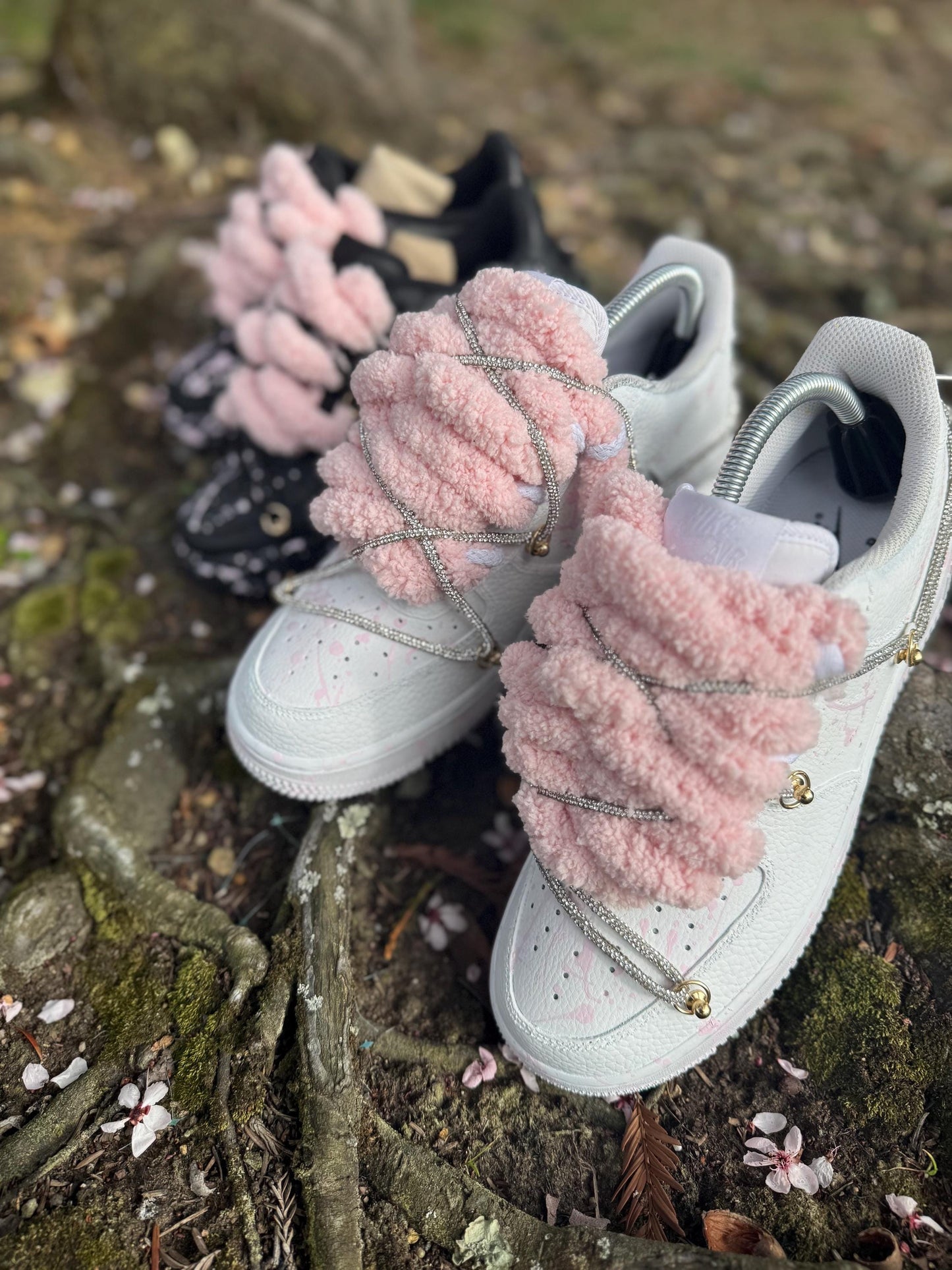 Custom Pink Splatter Sneakers: Hand-Painted Plush Lace Streetwear Shoes