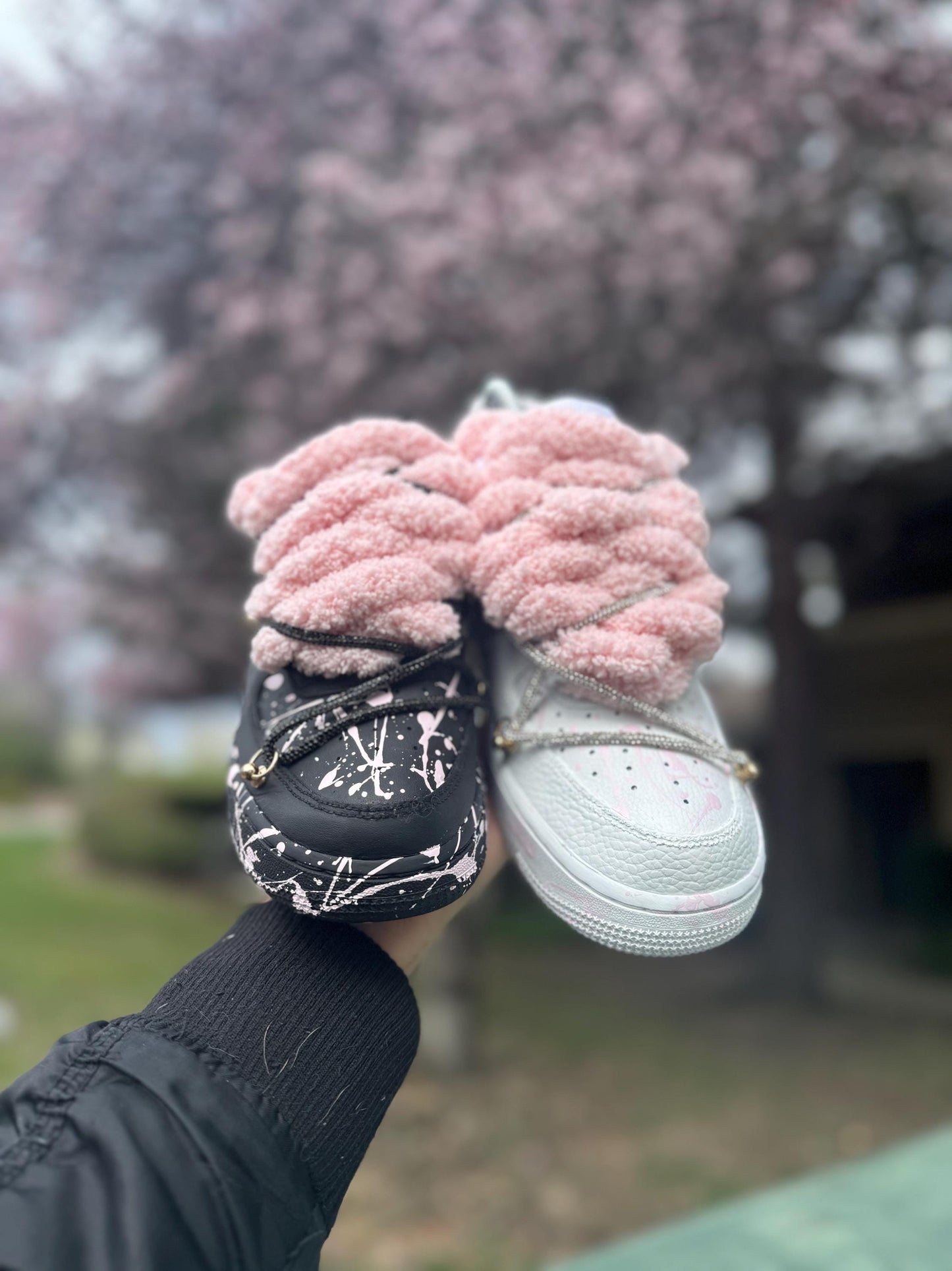 Custom Pink Splatter Sneakers: Hand-Painted Plush Lace Streetwear Shoes