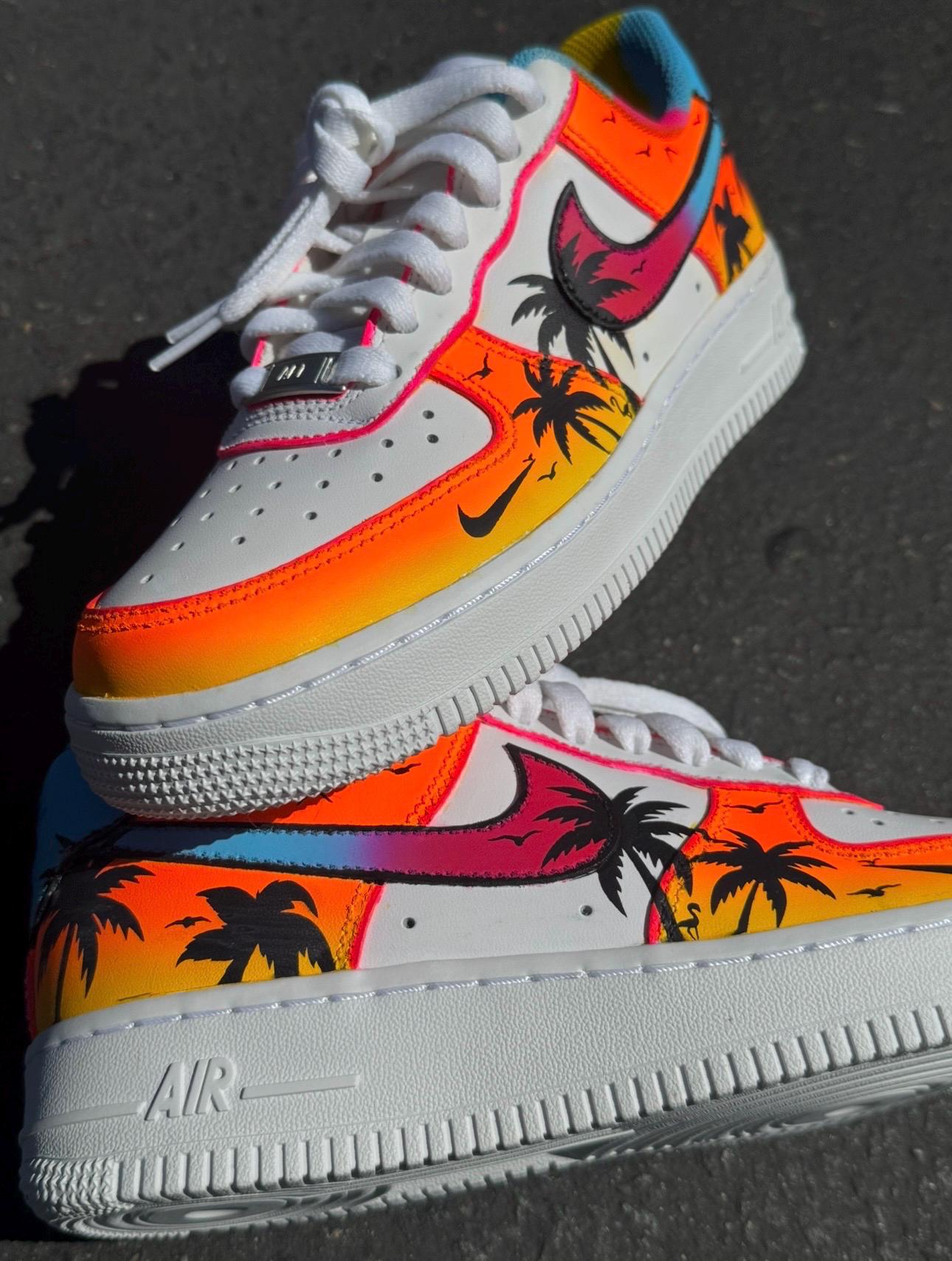 Hand-Painted Sunset Palm Tree Air Force 1s: Custom Beach Sneakers