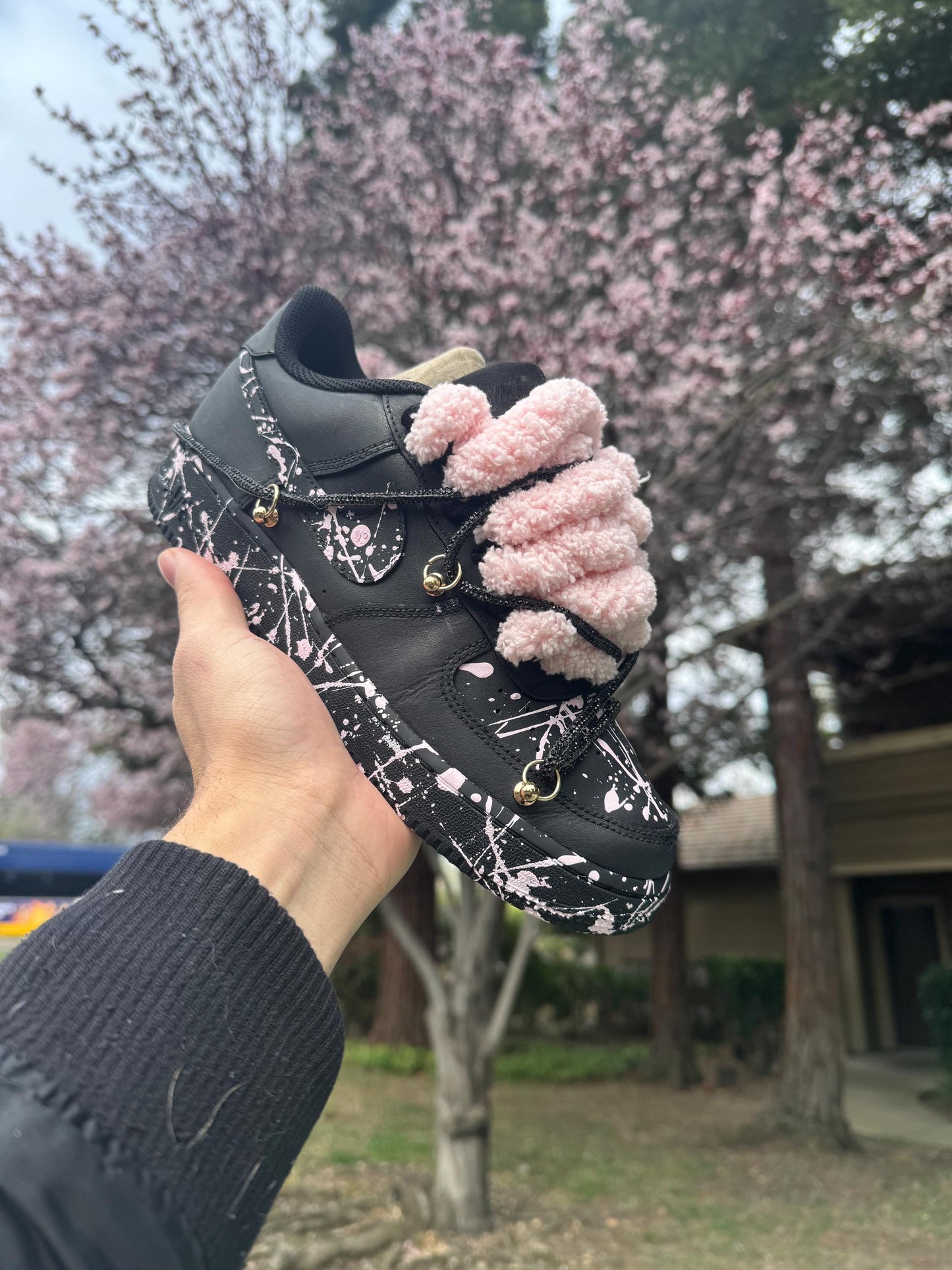Custom Shoes Black and Pink Splatter Sneakers With Plush Laces Hand Painted Streetwear Shoes