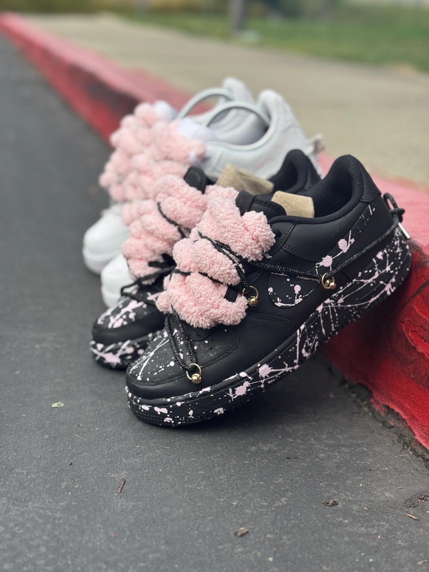 Custom Pink Splatter Sneakers: Hand-Painted Plush Lace Streetwear Shoes
