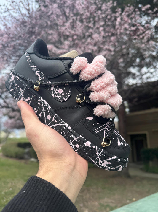 Custom Shoes Black and Pink Splatter Sneakers With Plush Laces Hand Painted Streetwear Shoes