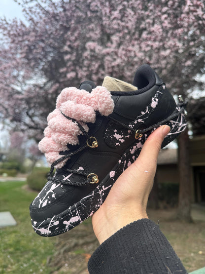 Custom Shoes Black and Pink Splatter Sneakers With Plush Laces Hand Painted Streetwear Shoes
