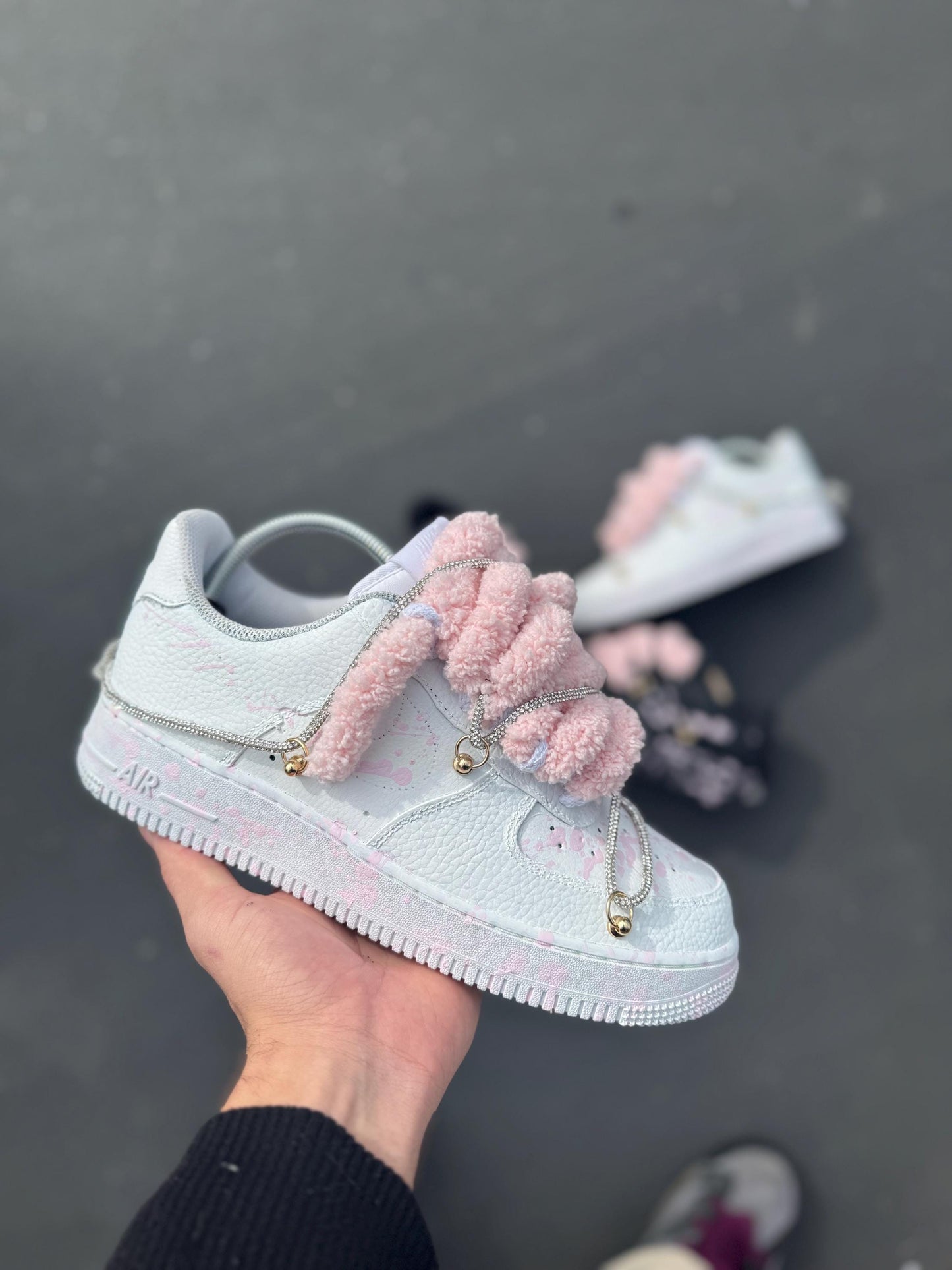 Custom Shoes White and Pink Splatter Sneakers With Plush Laces Hand Painted Streetwear Shoes