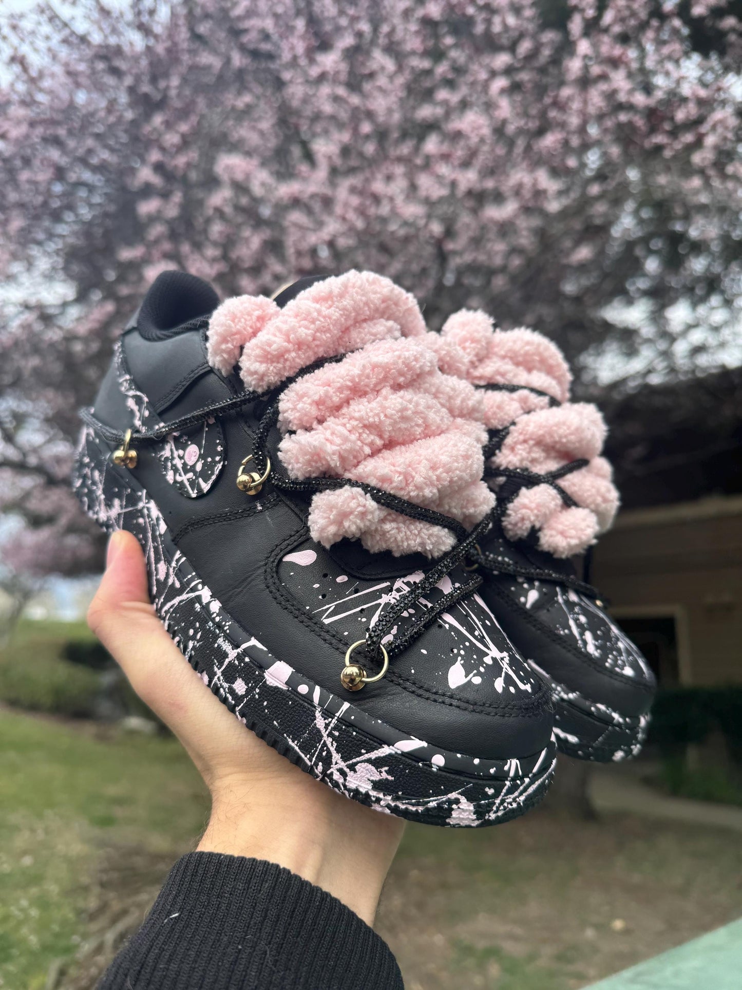 Custom Shoes Black and Pink Splatter Sneakers With Plush Laces Hand Painted Streetwear Shoes