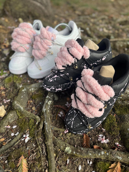 Custom Pink Splatter Sneakers: Hand-Painted Plush Lace Streetwear Shoes