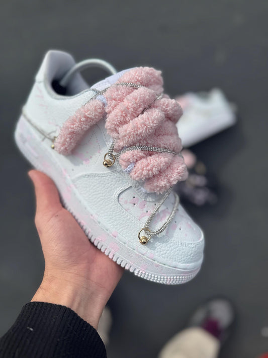 Custom Shoes White and Pink Splatter Sneakers With Plush Laces Hand Painted Streetwear Shoes